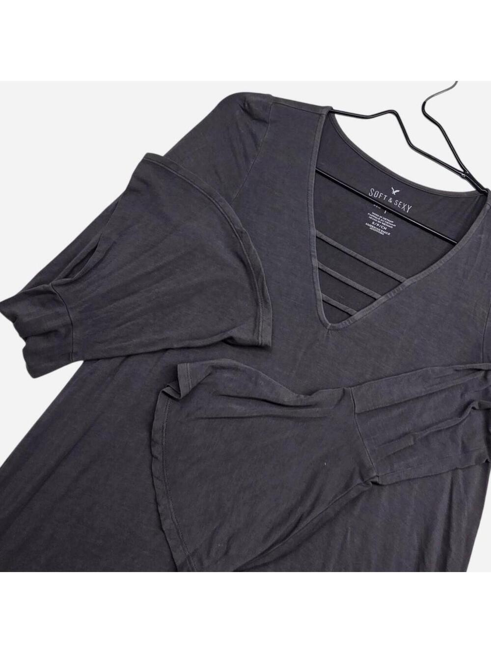 American Eagle Outfitters Soft & Sexy Black V-Neck T-Shirt with Cut-Out Detail